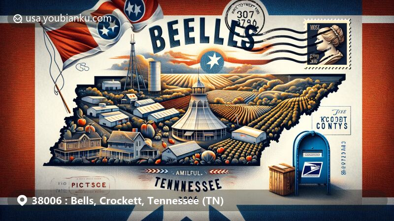 Modern illustration of Bells, Tennessee, featuring postal theme with ZIP code 38006, showcasing map outline, Pictsweet Farms symbolism, and Tennessee state flag, with postal elements like mailbox, stamp, and postmark.