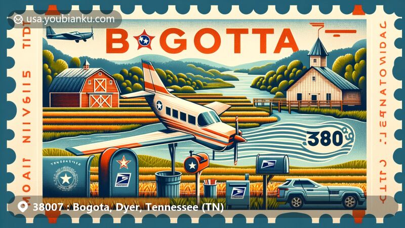 Modern illustration of Bogota, Tennessee, blending farming essence with Tennessee state symbols, highlighting Obion River and postal theme with ZIP code 38007.