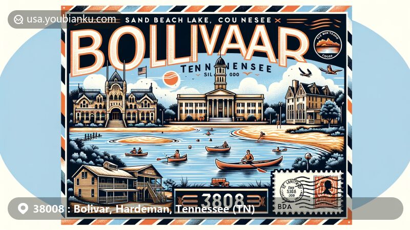 Modern illustration of Bolivar, Hardeman County, Tennessee, showcasing scenic Sand Beach Lake with clear waters, kayaking, and paddle boating, featuring iconic landmarks like Hardeman County Courthouse, Luez Theater, Pillars, and Magnolia Manor, integrating postal theme with vintage stamp and postmark bearing ZIP code 38008.