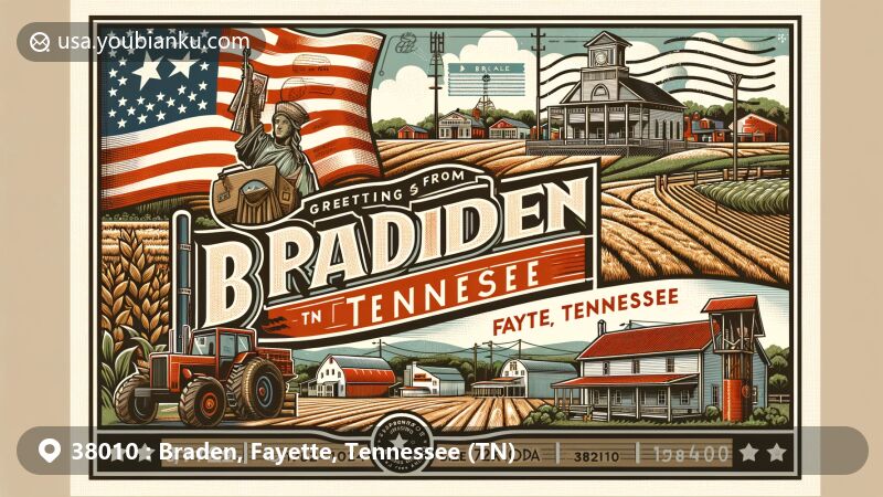 Modern illustration of Braden, Tennessee, showcasing Fayette County's cultural and geographical charm with Tennessee state flag and postal elements.