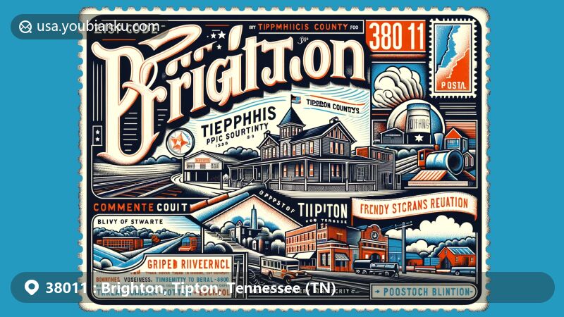 Modern illustration of Brighton, Tipton County, Tennessee, featuring ZIP code 38011, showcasing town's evolution from railroad establishment in 1873 to a community with excellent schools and low property taxes.