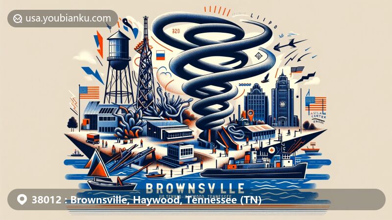 Modern illustration of Brownsville, Haywood, TN, highlighting iconic landmarks Mindfield, Dunbar-Carver Museum, West Tennessee Delta Heritage Center, and community events, adorned with postal theme featuring ZIP code 38012.