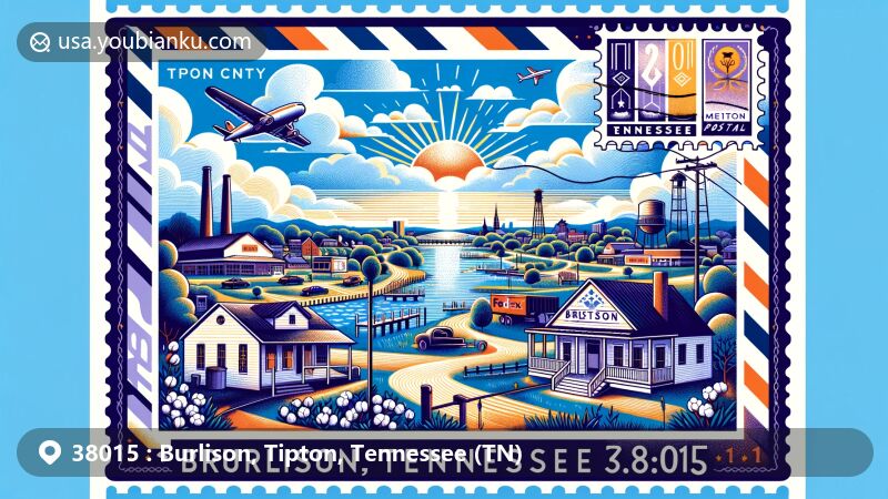 Modern illustration of Burlison, Tipton County, Tennessee, blending local charm and postal theme with ZIP code 38015, featuring friendly town scene with park, community center, post office, and cotton mill.