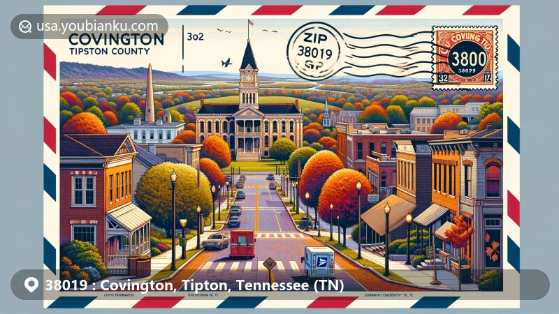Modern illustration of Covington, Tipton County, Tennessee, capturing the essence of ZIP code 38019 with a blend of history, scenic beauty, and community spirit.