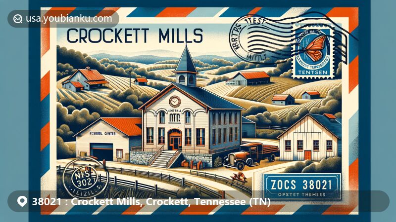 Contemporary portrayal of Crockett Mills, Crockett County, Tennessee, featuring ZIP code 38021 as an airmail envelope with a focus on the historic school-turned-community center amidst rural landscapes and farmlands.