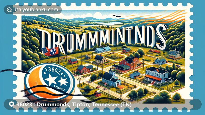 Modern illustration of Drummonds, Tipton County, Tennessee, featuring postal theme with ZIP code 38023, showcasing rural landscape, community vibe, and creative postage stamp with Tennessee state flag, Tipton County outline, and outdoor activity symbols, such as parks and walking trails.