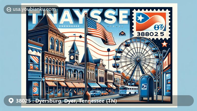 Modern illustration of Dyersburg, Tennessee, showcasing historic downtown buildings, a Ferris wheel representing Dyer County Fair, Tennessee state flag, '38025' ZIP code, and classic blue U.S. mailbox.