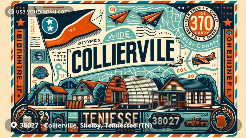 Modern illustration of Collierville, Shelby County, Tennessee, featuring iconic Quonset Hut and postal theme with ZIP code 38027, designed in vintage postcard style.