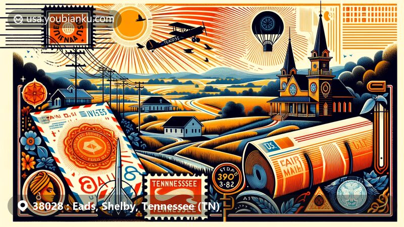 Creative illustration of Eads, Shelby, Tennessee, centered around ZIP code 38028, featuring air mail envelope, rural heritage, and natural beauty. Silhouette of India Cultural Center and Temple representing cultural diversity. Design includes vintage postal elements like stamps and postmark with visible ZIP code 38028, subtly incorporating Tennessee symbols.