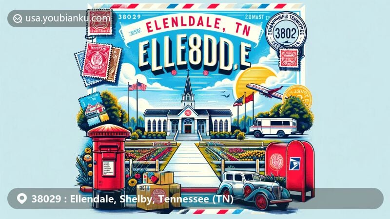 Modern illustration of Ellendale, Tennessee, showcasing ZIP code 38029 with Memphis Tennessee Temple and postal theme, featuring local and postal elements like stamps, postmark, and mailbox.