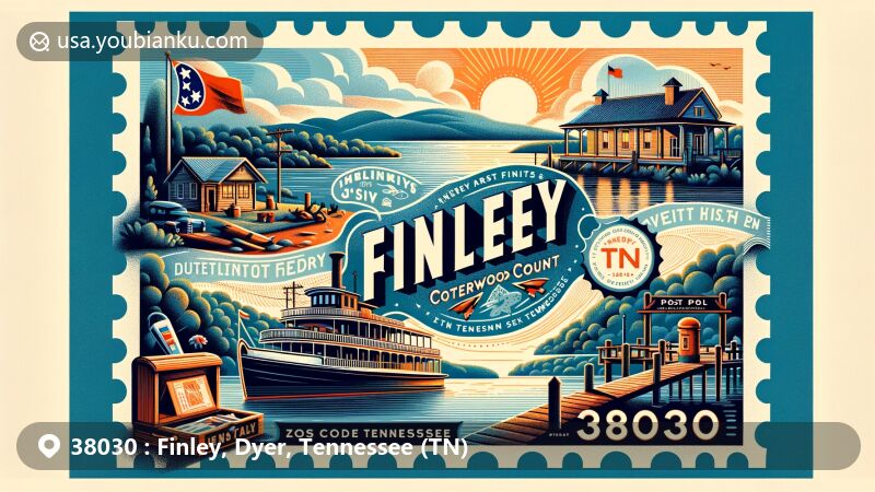 Modern illustration of Finley, Dyer County, Tennessee, blending natural landscapes and cultural landmarks like Cottonwood Point Ferry and Everett Lake, featuring vintage postal elements and iconic Tennessee symbols.