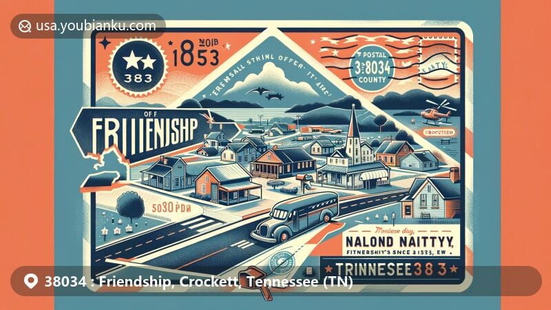 Modern illustration of Friendship, Tennessee, in Crockett County, showcasing the postal theme with ZIP code 38034, highlighting the town's charm and warm community spirit.