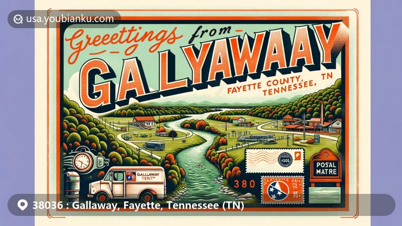 Modern illustration of Gallaway, Fayette County, Tennessee, highlighting postal theme with ZIP code 38036, featuring Loosahatchie River and rural countryside charm.