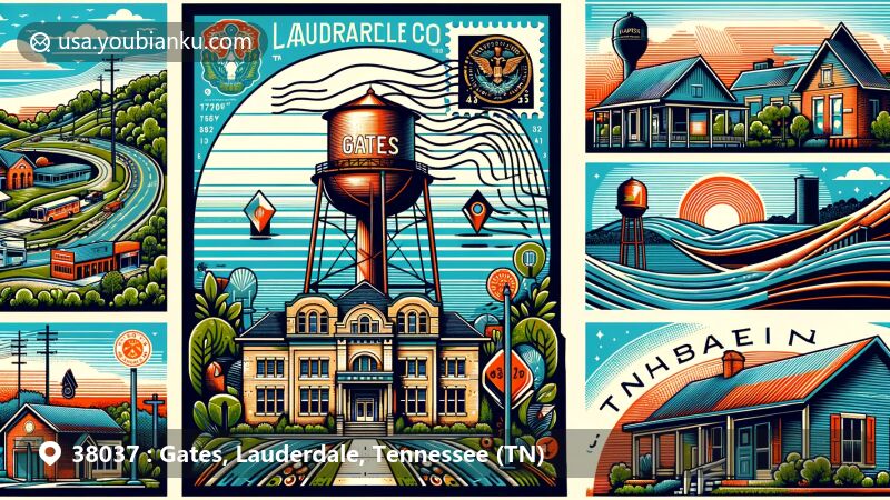 Modern illustration of Gates, Tennessee, featuring iconic water tower symbolizing town's identity, set against backdrop hinting at Lauderdale County's geography, with postal motifs tailored for ZIP code 38037.