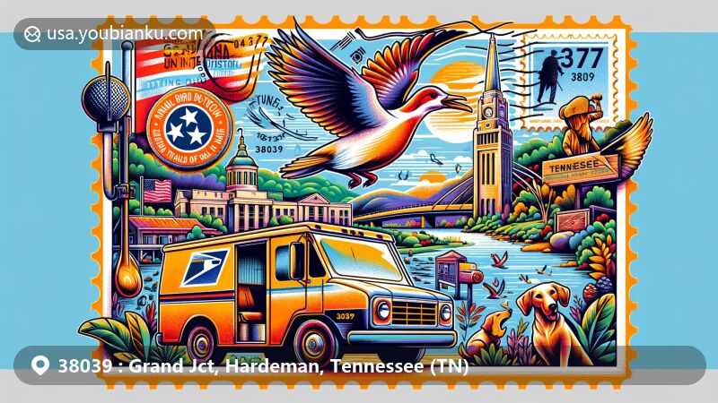 Modern illustration of Grand Junction, Tennessee, featuring National Bird Dog Museum, Field Trial Hall of Fame, Tennessee state flag, and postal elements with ZIP code 38039.