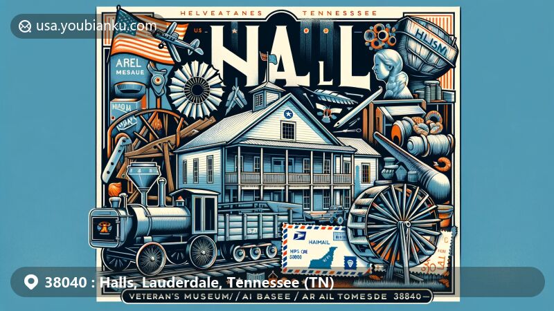 Modern illustration of Halls, Tennessee, Lauderdale County, blending cultural and historical elements with postal features, showcasing Veterans' Museum/Air Base Museum and town's early businesses, with airmail envelope, stamps, and postmark, featuring ZIP code 38040.