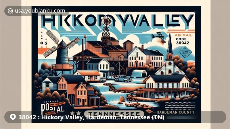 Vintage depiction of Hickory Valley, Hardeman County, Tennessee, showcasing postal theme with ZIP code 38042, featuring historic landmarks and fusion of pioneer settlements by William Shinault (1820), Drury Wood (1826), and William Barnett (1827).