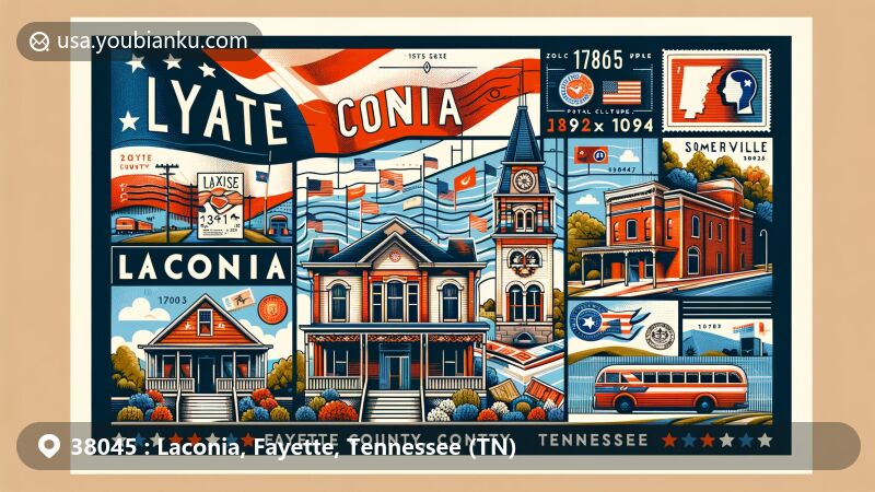 Modern illustration of Laconia, Fayette County, Tennessee, embodying ZIP code 38045 with Tennessee state flag, showcasing historical and cultural elements of Fayette County, incorporating postal theme with stamps and postmarks.