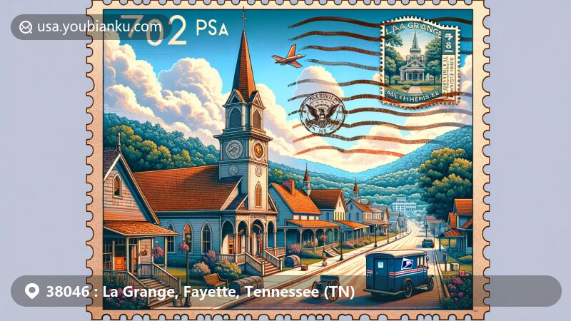 Modern illustration of La Grange, Fayette, Tennessee, showcasing architectural beauty and historic landmarks like Immanuel Church and La Grange Methodist Church within a scenic setting, with vintage postal themes.