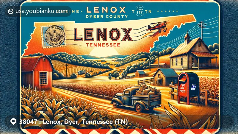 Modern illustration of Lenox, Dyer County, Tennessee, displaying rural landscape with Tennessee postal theme, including vintage postcard layout, state stamp, postal mark 'Lenox, TN 38047', and antique mailbox.