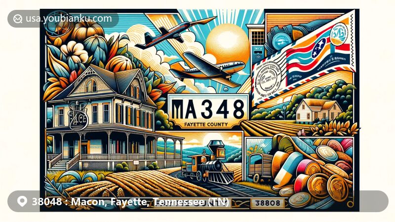 Modern illustration of Macon, Fayette County, Tennessee, showcasing postal theme with ZIP code 38048, featuring the Mebane-Nuckolls House, vintage postcard, airmail envelope, Tennessee state flag stamp, and Macon postmark.
