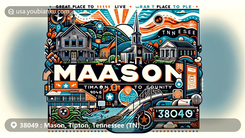 Modern illustration of Mason, Tipton County, Tennessee, highlighting postal code 38049 with state flag and Trinity Church, designed as a postcard with vintage postage stamp and postmark.