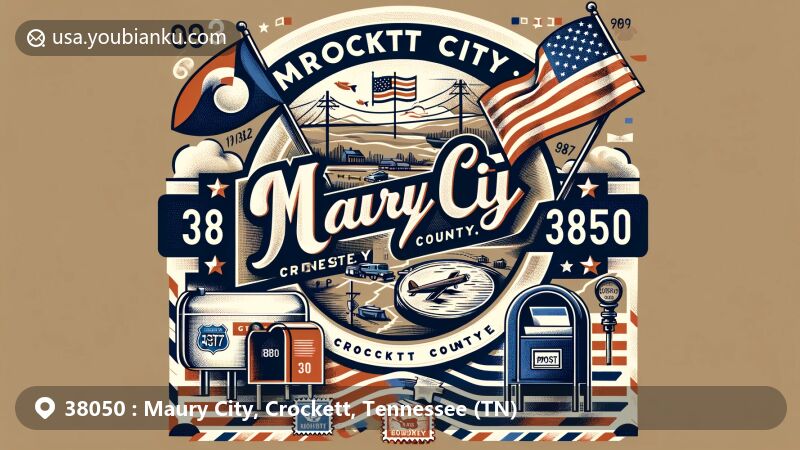 Modern illustration of Maury City, Crockett County, Tennessee, showcasing postal theme with ZIP code 38050, featuring Tennessee state flag and Crockett County outline, highlighting location at the intersection of State Route 88 and State Route 189.