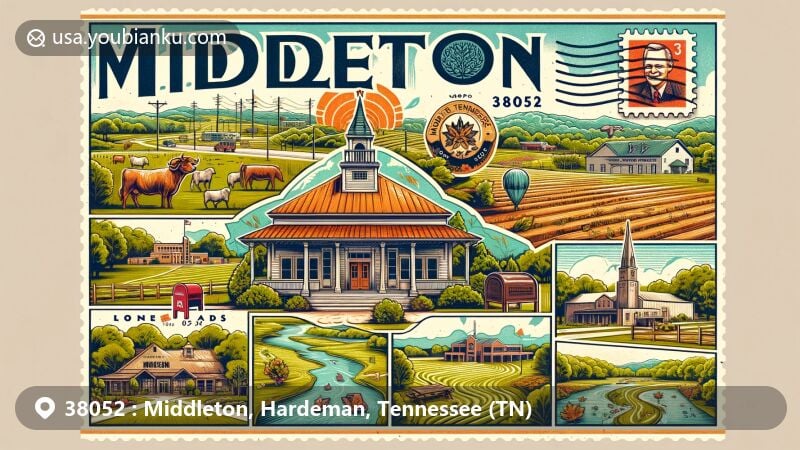 Modern illustration of Middleton, Tennessee, featuring postal theme with ZIP code 38052, showcasing Lone Oaks Farm and diverse landscapes, including pastures, woodlands, trails, and lakes.