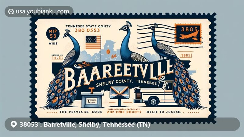 Modern illustration of Barretville, Shelby County, Tennessee, showcasing a creative airmail postcard design with Tennessee state flag, domesticated peacocks, vintage stamp, postmark with ZIP code 38053, mailbox, and mail truck.
