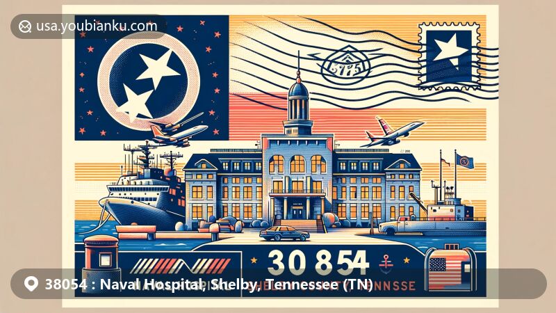 Modern illustration of Naval Hospital area in Shelby County, Tennessee, with ZIP code 38054, featuring Tennessee state flag and naval hospital motif in a postcard style design.