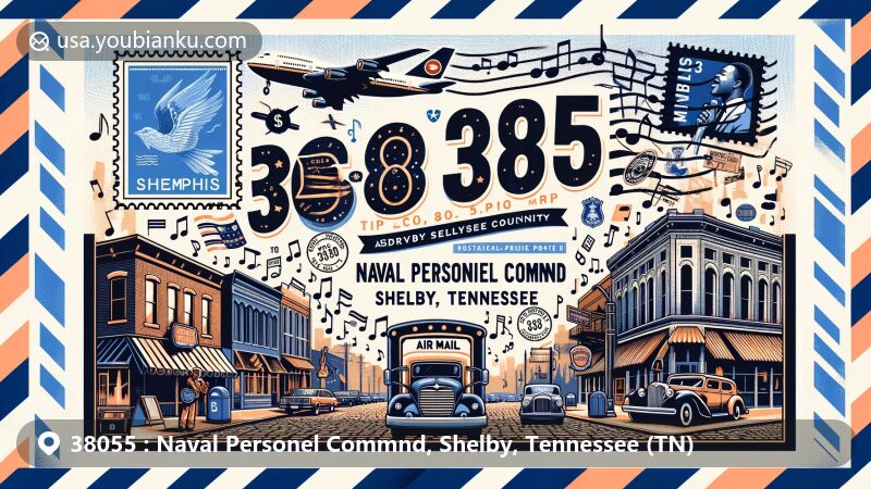 Contemporary illustration of Naval Personnel Command area in Shelby, Tennessee, featuring ZIP code 38055, showcasing Memphis's musical legacy with Beale Street, vintage postcard elements, and Tennessee state symbols.