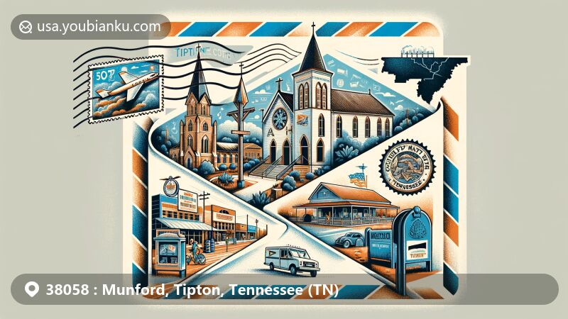 Modern illustration of Munford, Tipton County, Tennessee, featuring airmail envelope with ZIP code 38058, showcasing Mount Zion Methodist Episcopal Church, Celebrate Munford event, postage stamp of iconic local scene, mailbox, and delivery vehicle.