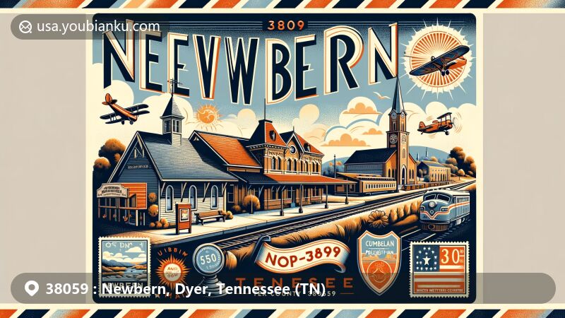 Modern illustration of Newbern, Tennessee, showcasing postal theme with ZIP code 38059, highlighting historic Newbern Depot railway station, Cumberland Presbyterian and Methodist Churches, and seasonal transition from summer to winter.