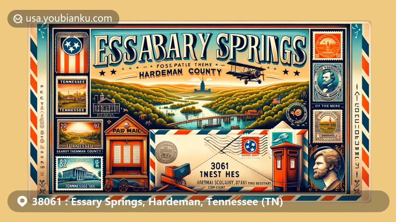 Modern illustration of Essary Springs, Hardeman County, Tennessee, featuring a blend of regional characteristics and postal theme with ZIP code 38061, showcasing lush landscapes, the Hatchie River, county courthouse silhouette, vintage air mail envelope, Tennessee state flag, Civil War monument, classic red mailbox, vintage stamps, and postal delivery van.