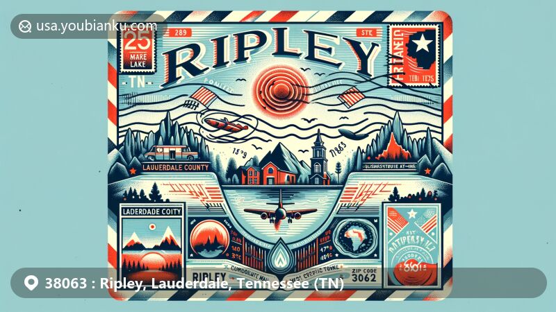 Modern illustration of Ripley, Lauderdale County, Tennessee, showcasing postal theme with ZIP code 38063, featuring Open Lake and New Madrid Seismic Zone.