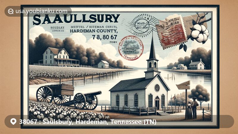Vintage-inspired illustration of Saulsbury, Hardeman County, Tennessee, showcasing rural charm, historical Methodist Church, antebellum homes, and cotton production, with nods to Civil War history and Candlewood Lake.