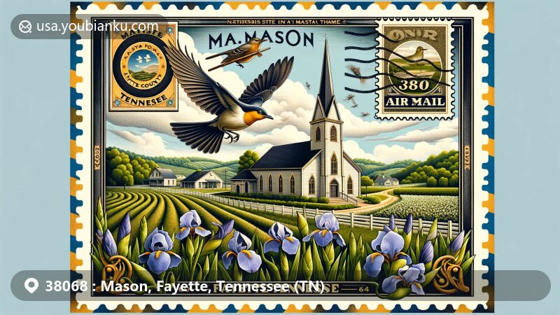 Modern illustration of Mason, Tennessee, Fayette County, ZIP Code 38068, featuring Trinity Church, agricultural landscapes, Mockingbird, Iris flowers, and vintage air mail envelope with postal stamp.