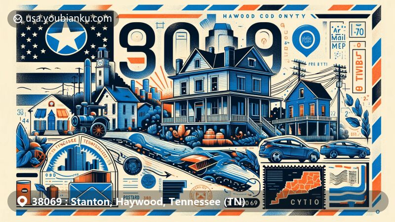 Modern illustration of Stanton, Haywood County, Tennessee, highlighting postal theme with ZIP code 38069, featuring historic 19th-century homes, Blue Oval City project, Tennessee state flag, and postal elements.