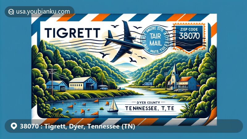 Modern illustration of Tigrett, Dyer County, Tennessee, featuring postal theme with ZIP code 38070, showcasing Tigrett Wildlife Management Area, local rural charm, and Tennessee state symbols.