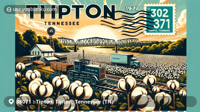 Modern illustration of Tipton, Tennessee, showcasing postal theme with ZIP code 38071, featuring cotton fields and the Mississippi River.