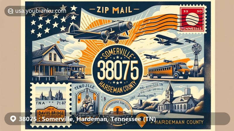 Modern illustration of Somerville and Hardeman County, Tennessee, featuring vintage air mail envelope with ZIP code 38075, showcasing Davis Bridge Battlefield, Allen-White School, and Tennessee state flag.