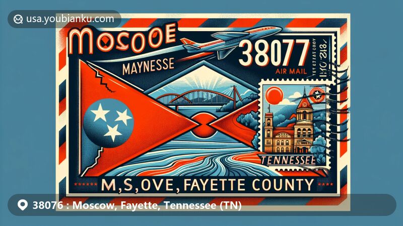 Creative illustration of Moscow, Fayette County, Tennessee, showcasing postal theme with ZIP code 38076, including Tennessee state outline, Fayette County, state flag, and local landmarks.
