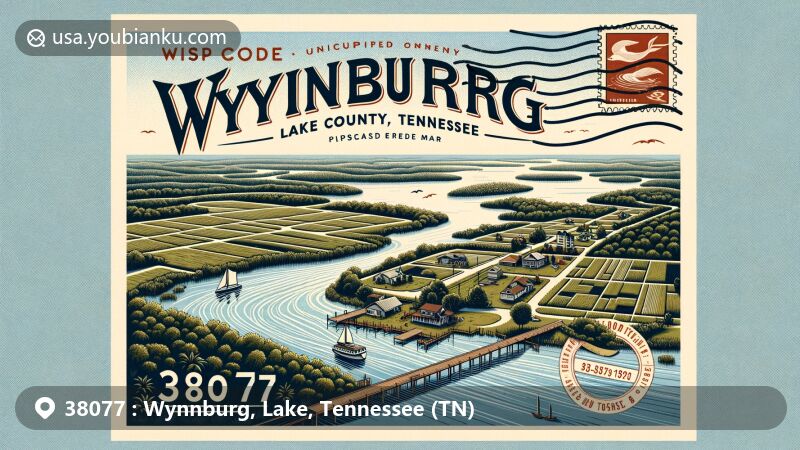 Modern illustration of Wynnburg area, Lake County, Tennessee, with Reelfoot Lake's beauty and postal themes, featuring '38077' ZIP code, vintage airmail envelope, bayou-like ditches, Blue Basin, Wynnburg community symbols, and local flora or fauna.