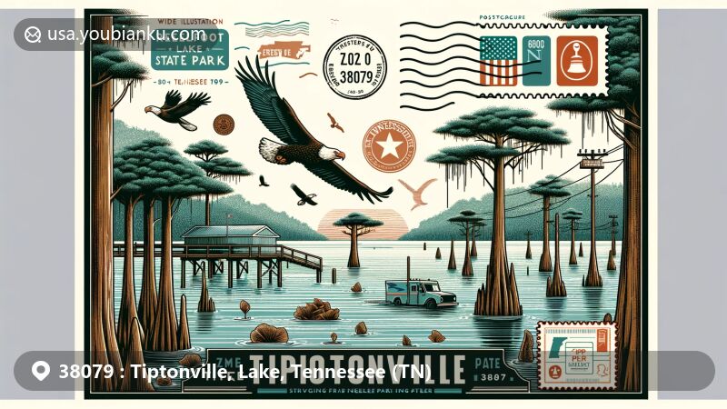 Beautiful illustration of Reelfoot Lake State Park in Tiptonville, Tennessee, with postcard-style layout, showcasing cypress trees, eagles, ZIP code 38079, postage stamp, postmark, mailbox, postal van, and Tennessee state flag.