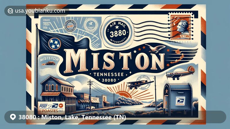 Modern illustration of Miston, TN, showcasing postal theme with ZIP code 38080, featuring Mississippi River, Dyer County landscape, and Tennessee state symbols.