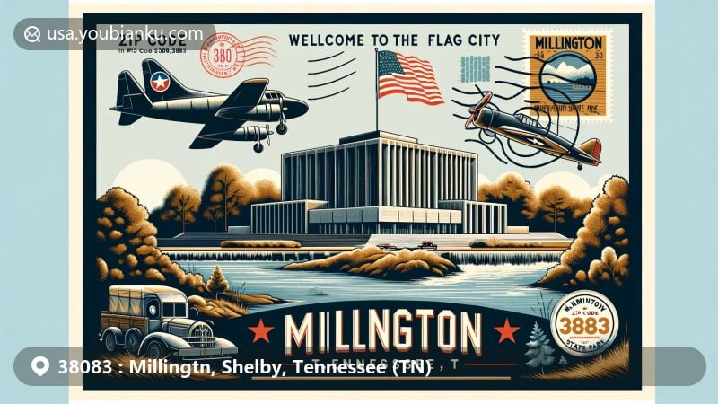 Modern illustration of Millington, Tennessee, showcasing postal theme with ZIP code 38083, featuring Naval Support Activity Mid-South, Park Field vintage plane, and Meeman-Shelby Forest State Park.