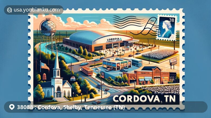Modern illustration of Cordova, Tennessee postcard for ZIP code 38088, featuring Cordova Community Center, Wolfchase Galleria, Hope Presbyterian Church, American mailbox, and elements of Mississippi River and cotton fields.