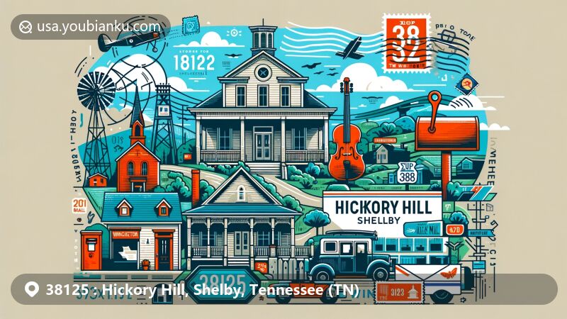 Modern illustration of Hickory Hill, Shelby County, Tennessee, showcasing postal theme with ZIP code 38125, featuring Winchester Road and postal symbols.