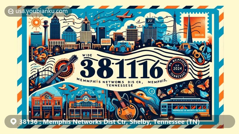 Modern illustration of Memphis Networks Dist Ctr, Shelby County, Tennessee, capturing ZIP code 38136 with a creative airmail envelope design showcasing iconic landmarks like Graceland and Beale Street.