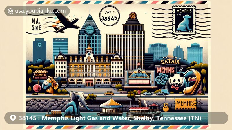 Modern illustration of Memphis, Tennessee, capturing ZIP code 38145, featuring iconic landmarks like the Peabody Hotel, Memphis Zoo with giant pandas, Stax Museum, and Rock 'n' Soul Museum.